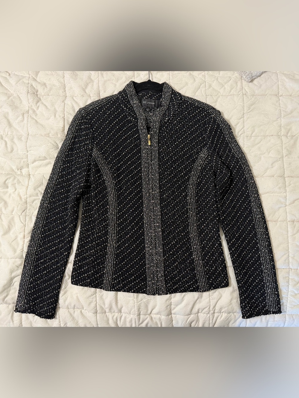 St. John Black Ivory Bouclé Knit Zip Jacket Gold Hardware Size 4